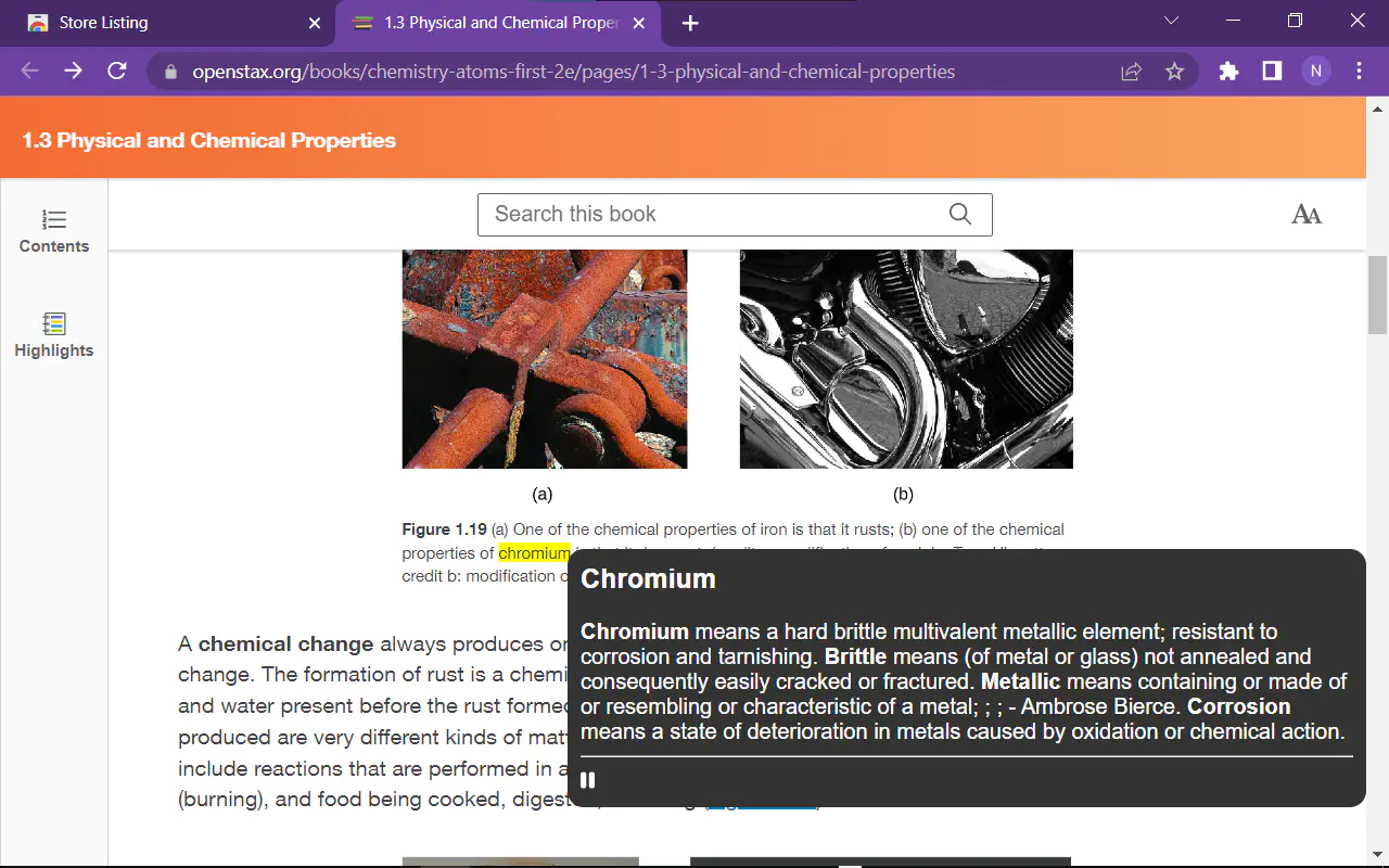 Example of conceptionary highlighting new concepts to be explained when the user hovers over the highlight